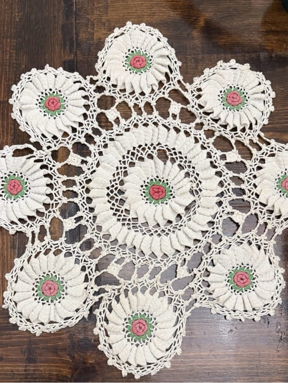 VTG Handmade Cream Crochet Doily with Pink & Green Rosettes